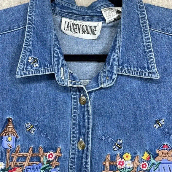 Vintage Lauren Brooke 100% Cotton Top Teddy Bears Floral Embroidered Scene Large - Picture 3 of 7